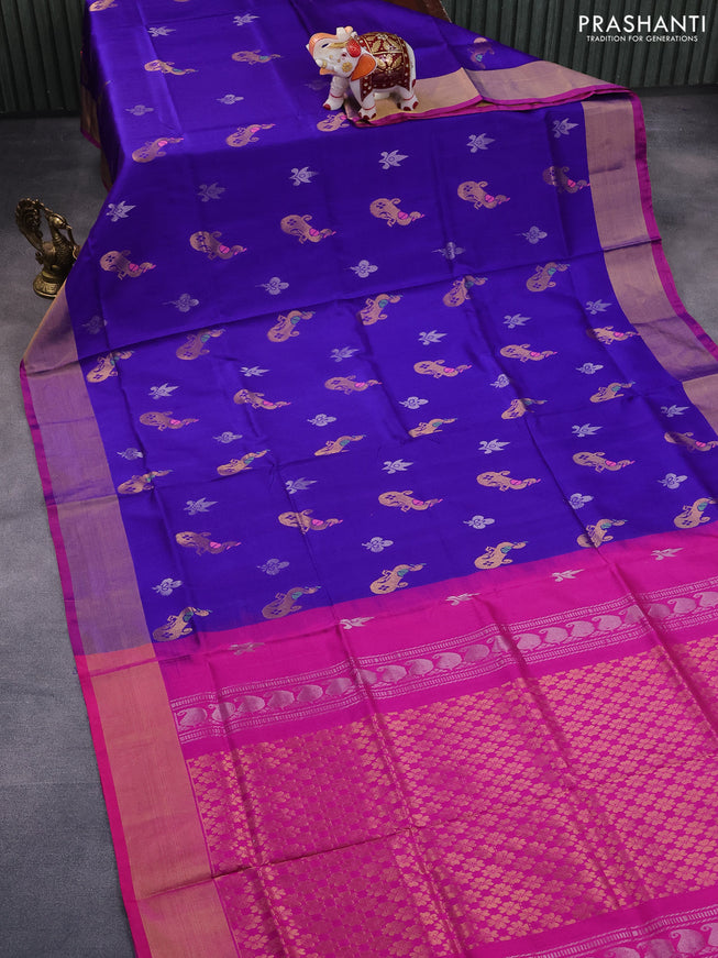 Pure uppada silk saree blue and pink with silver & gold zari woven buttas and zari woven border