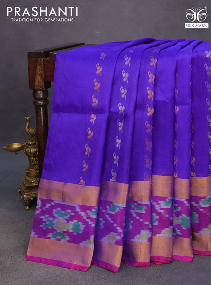 Pure uppada silk saree blue and pink with allover silver & gold zari woven buttas and zari woven ikat style border