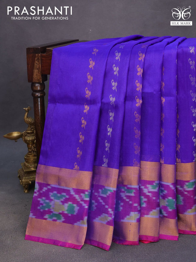 Pure uppada silk saree blue and pink with allover silver & gold zari woven buttas and zari woven ikat style border