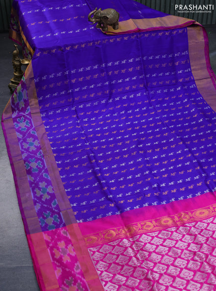 Pure uppada silk saree blue and pink with allover silver & gold zari woven buttas and zari woven ikat style border