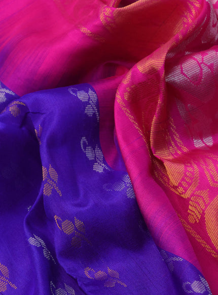 Pure uppada silk saree blue and pink with allover silver & gold zari woven buttas and zari woven ikat style border