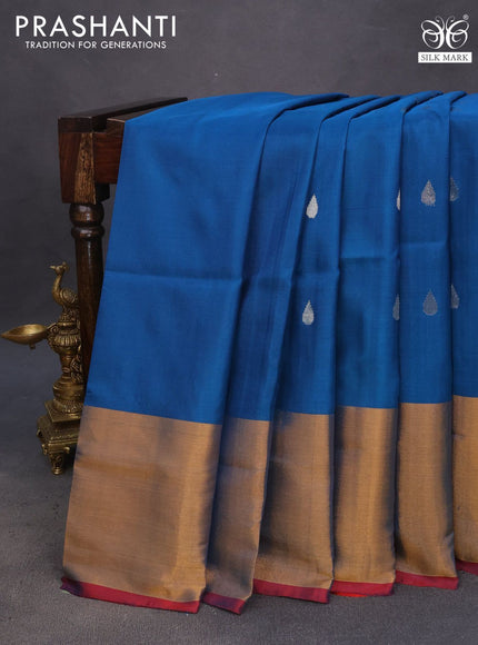 Pure uppada silk saree peacock blue and red with silver zari woven tilak buttas and long zari woven border