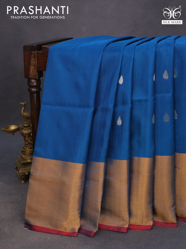 Pure uppada silk saree peacock blue and red with silver zari woven tilak buttas and long zari woven border