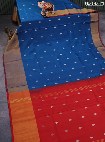 Pure uppada silk saree peacock blue and red with silver zari woven tilak buttas and long zari woven border