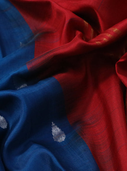 Pure uppada silk saree peacock blue and red with silver zari woven tilak buttas and long zari woven border