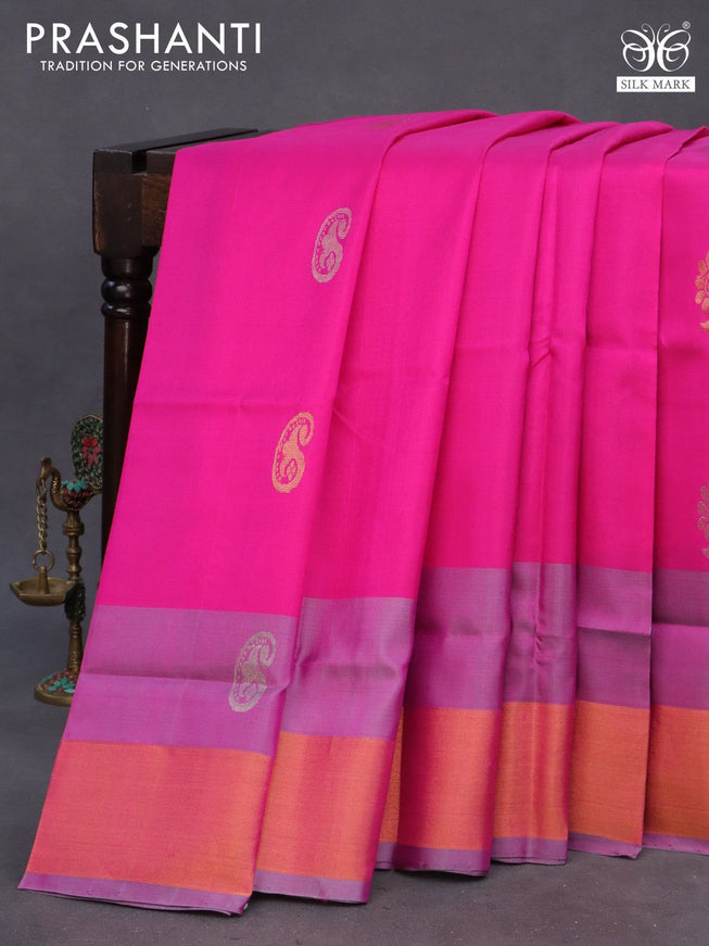 Pure uppada silk saree pink and grey with silver & gold zari woven buttas and zari woven border