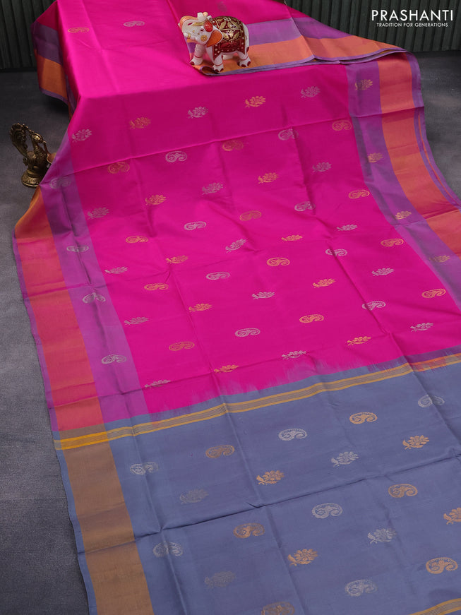 Pure uppada silk saree pink and grey with silver & gold zari woven buttas and zari woven border