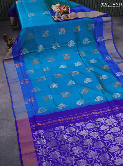 Pure uppada silk saree dual shade of teal blue and blue with silver & gold zari woven buttas and zari woven border