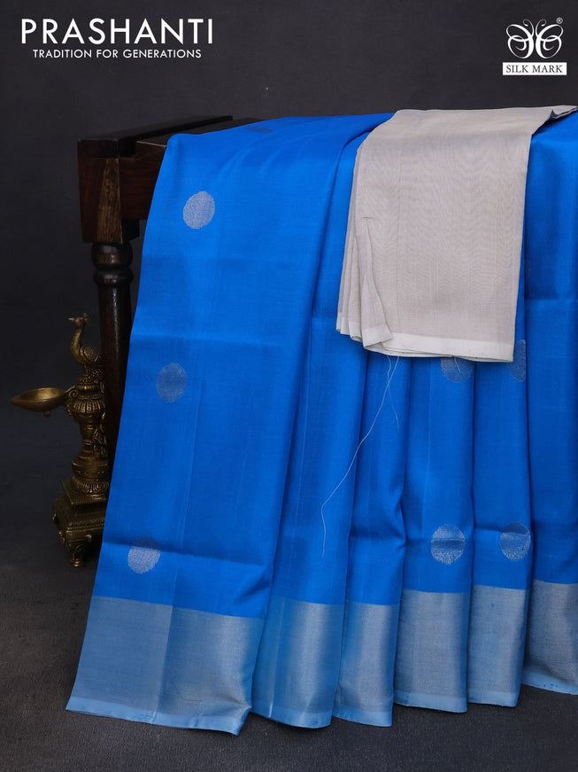 Pure uppada silk saree blue with silver zari woven coin buttas and silver zari woven border