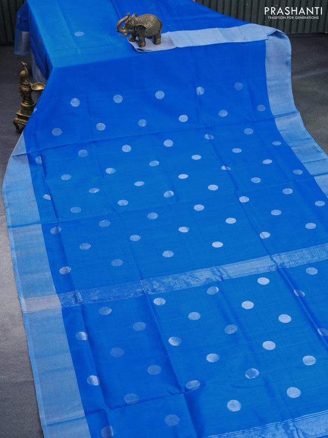 Pure uppada silk saree blue with silver zari woven coin buttas and silver zari woven border