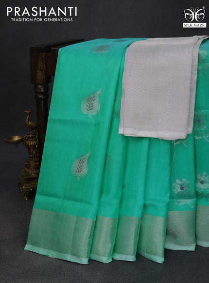 Pure uppada silk saree teal green with silver zari woven buttas and silver zari woven border