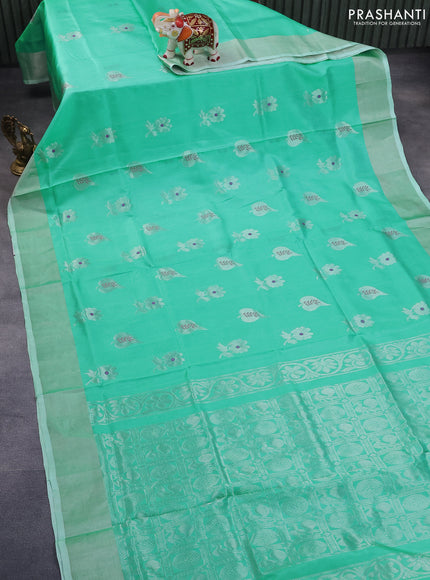 Pure uppada silk saree teal green with silver zari woven buttas and silver zari woven border