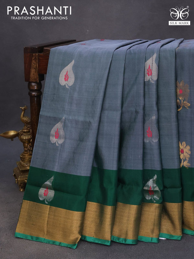 Pure uppada silk saree greyish green and green with silver & gold zari woven buttas and zari woven border