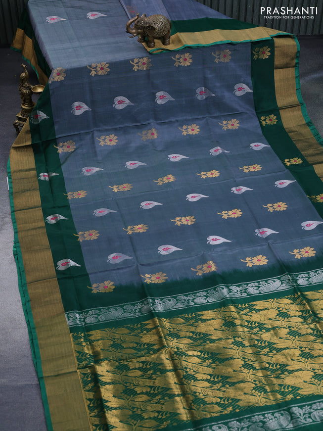 Pure uppada silk saree greyish green and green with silver & gold zari woven buttas and zari woven border