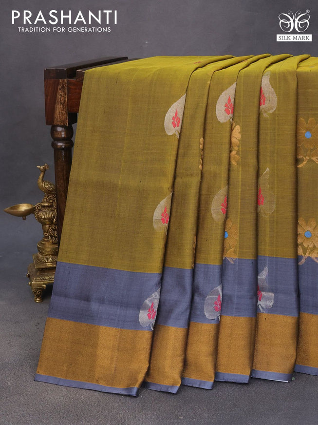 Pure uppada silk saree mehendi green and grey with silver & gold zari woven buttas and zari woven border