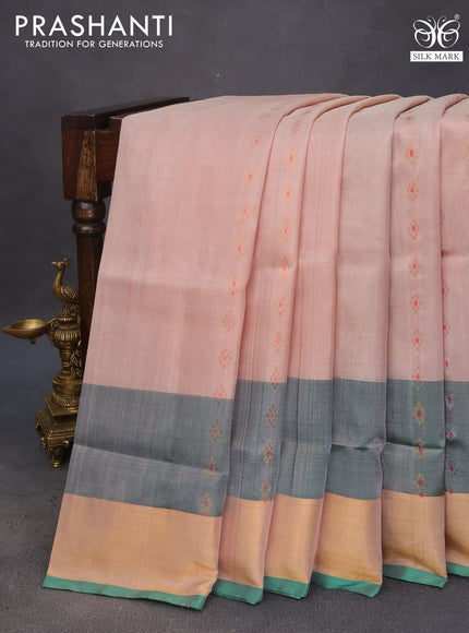 Pure uppada silk saree peach shade and green with silver & gold zari woven buttas and zari woven border