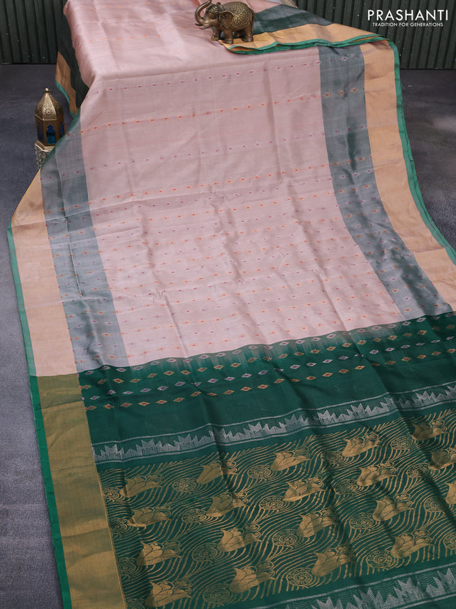 Pure uppada silk saree peach shade and green with silver & gold zari woven buttas and zari woven border