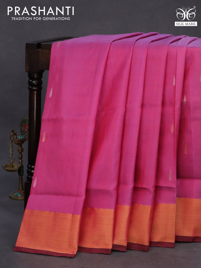 Pure uppada silk saree dual shade of pink and coffee brown with silver & gold zari woven tilak buttas and jamdhani design pallu & zari woven border