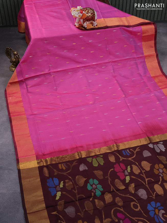 Pure uppada silk saree dual shade of pink and coffee brown with silver & gold zari woven tilak buttas and jamdhani design pallu & zari woven border