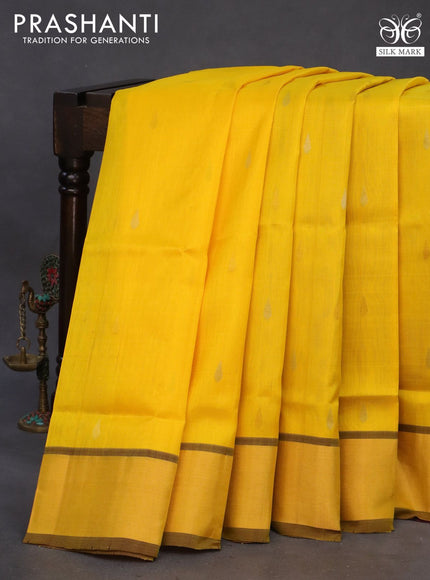 Pure uppada silk saree yellow and coffee brown with silver & gold zari woven tilak buttas and jamdhani design pallu & zari woven border