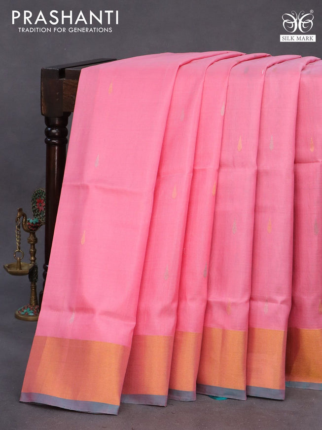 Pure uppada silk saree peach pink and dual shade of teal blue with silver & gold zari woven tilak buttas and jamdhani design pallu & zari woven border