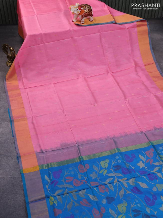 Pure uppada silk saree peach pink and dual shade of teal blue with silver & gold zari woven tilak buttas and jamdhani design pallu & zari woven border