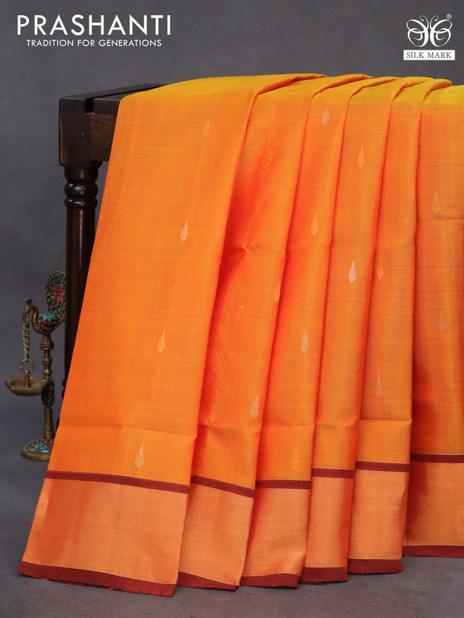 Pure uppada silk saree mango yellow and deep maroon with silver & gold zari woven tilak buttas and jamdhani design pallu & zari woven border