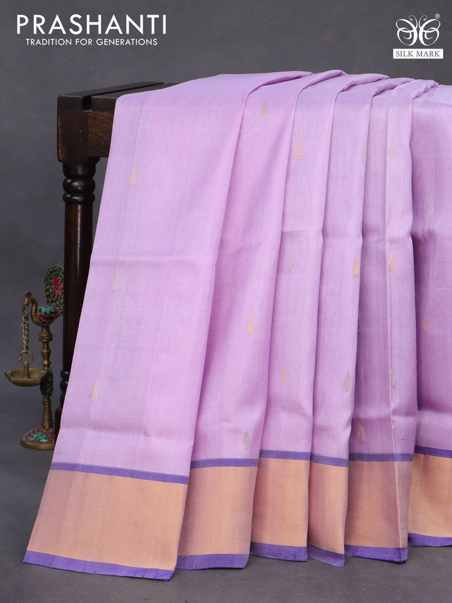 Pure uppada silk saree lavender and blue with silver & gold zari woven tilak buttas and jamdhani design pallu & zari woven border