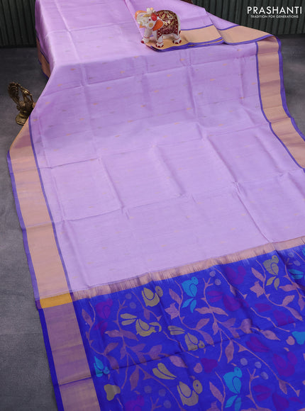 Pure uppada silk saree lavender and blue with silver & gold zari woven tilak buttas and jamdhani design pallu & zari woven border