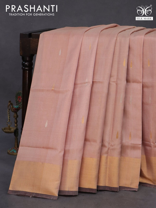 Pure uppada silk saree pastel peach shade and coffee brown with silver & gold zari woven tilak buttas and jamdhani design pallu & zari woven border