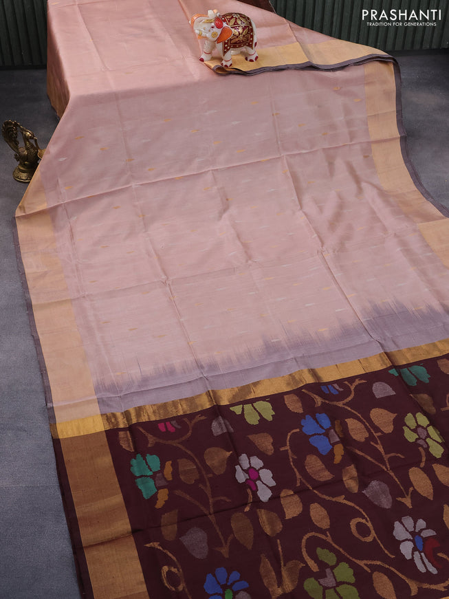 Pure uppada silk saree pastel peach shade and coffee brown with silver & gold zari woven tilak buttas and jamdhani design pallu & zari woven border