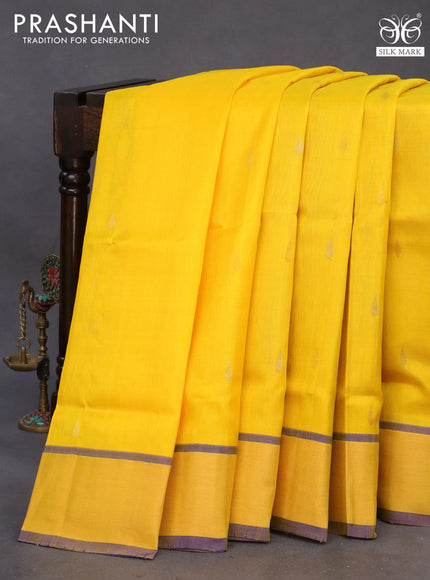 Pure uppada silk saree yellow and blue with silver & gold zari woven tilak buttas and jamdhani design pallu & zari woven border