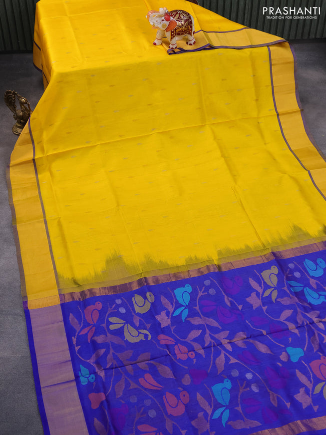 Pure uppada silk saree yellow and blue with silver & gold zari woven tilak buttas and jamdhani design pallu & zari woven border