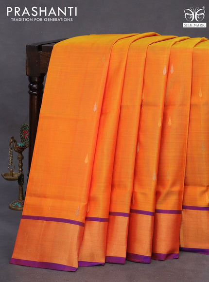 Pure uppada silk saree mango yellow and blue with silver & gold zari woven tilak buttas and jamdhani design pallu & zari woven border