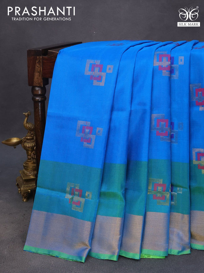 Pure uppada silk saree cs blue and light green with allover thread & zari geometric buttas and zari woven border