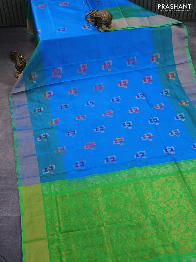 Pure uppada silk saree cs blue and light green with allover thread & zari geometric buttas and zari woven border