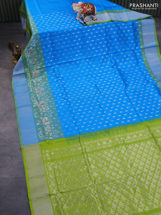 Pure uppada silk saree cs blue and light green with allover silver zari woven tilak buttas and rich zari woven border