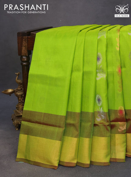 Pure uppada silk saree fluorescent green and maroon with silver & gold zari woven buttas and zari woven border