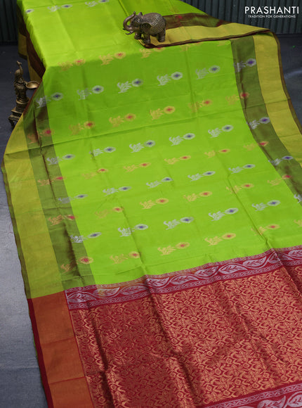 Pure uppada silk saree fluorescent green and maroon with silver & gold zari woven buttas and zari woven border