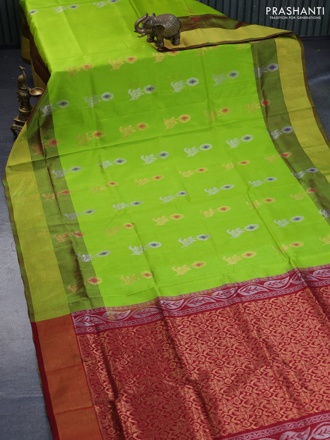 Pure uppada silk saree fluorescent green and maroon with silver & gold zari woven buttas and zari woven border