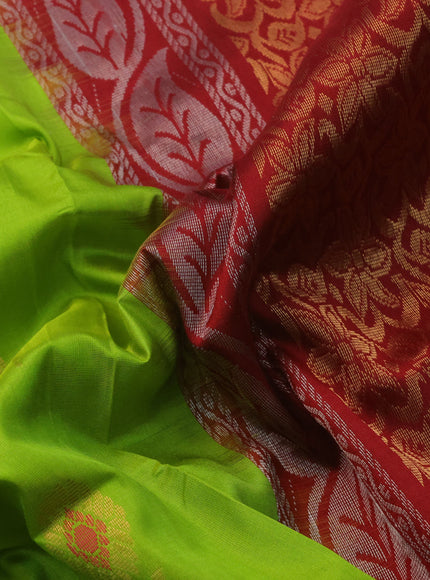 Pure uppada silk saree fluorescent green and maroon with silver & gold zari woven buttas and zari woven border