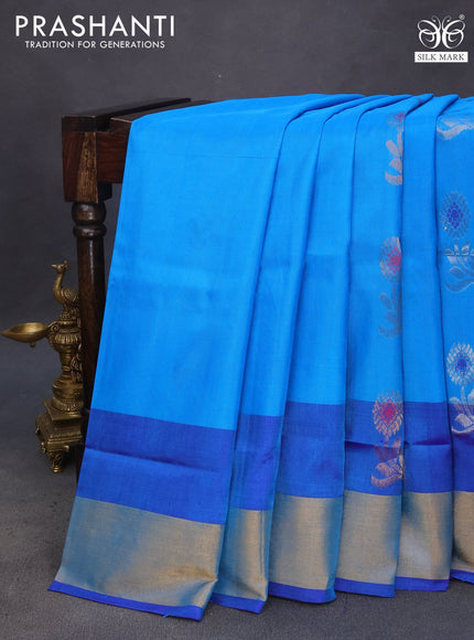 Pure uppada silk saree cs blue and blue with silver & gold zari woven buttas and zari woven border