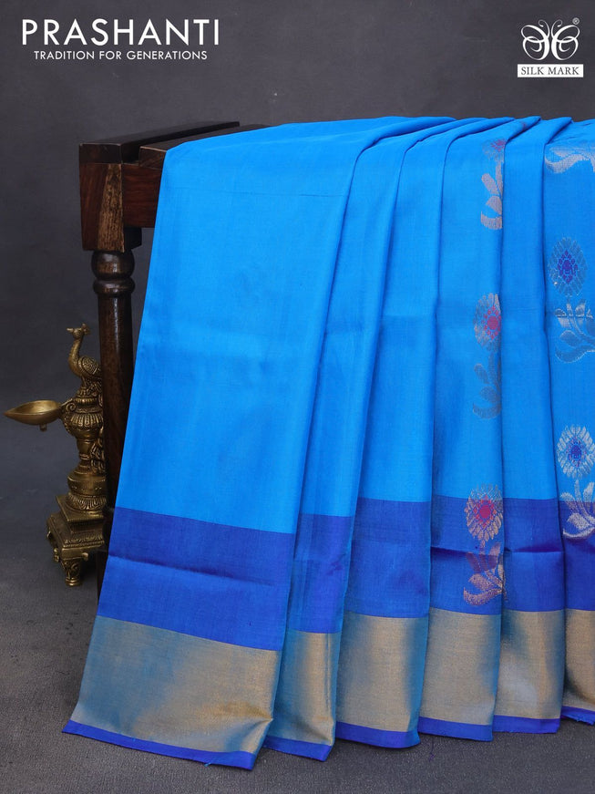 Pure uppada silk saree cs blue and blue with silver & gold zari woven buttas and zari woven border