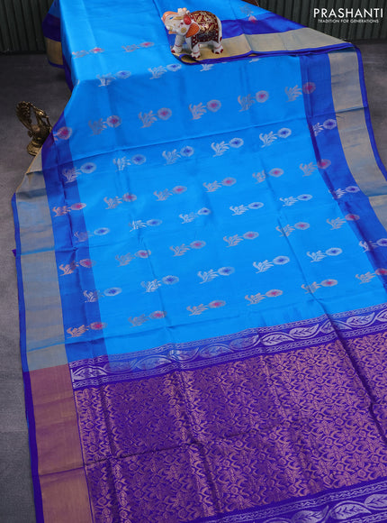 Pure uppada silk saree cs blue and blue with silver & gold zari woven buttas and zari woven border