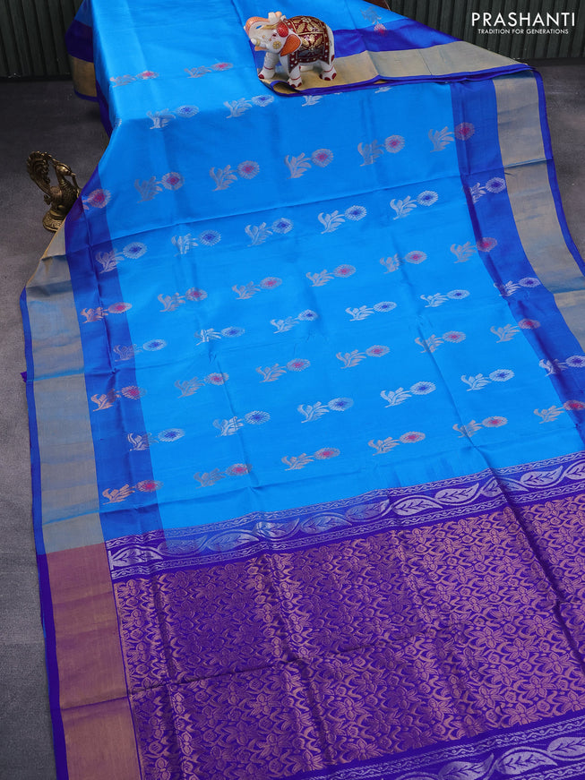 Pure uppada silk saree cs blue and blue with silver & gold zari woven buttas and zari woven border