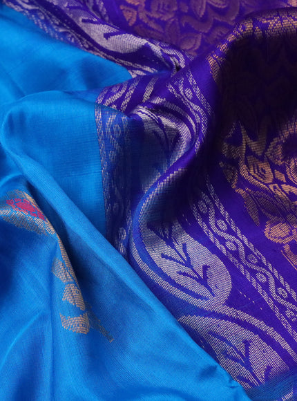 Pure uppada silk saree cs blue and blue with silver & gold zari woven buttas and zari woven border