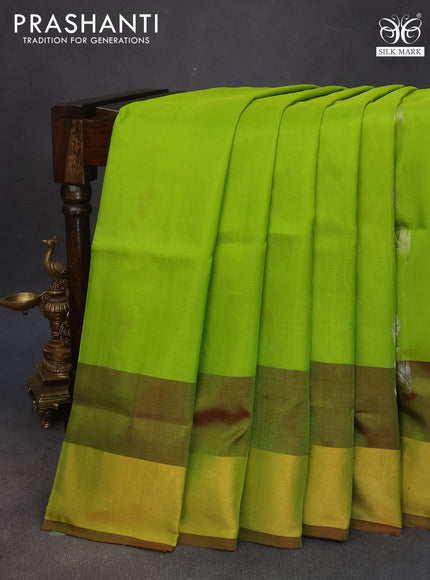 Pure uppada silk saree light green and maroon with silver & gold zari woven buttas and zari woven border