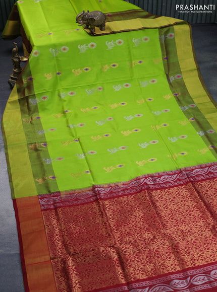 Pure uppada silk saree light green and maroon with silver & gold zari woven buttas and zari woven border