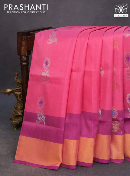 Pure uppada silk saree pink and purple with silver & gold zari woven buttas and zari woven border