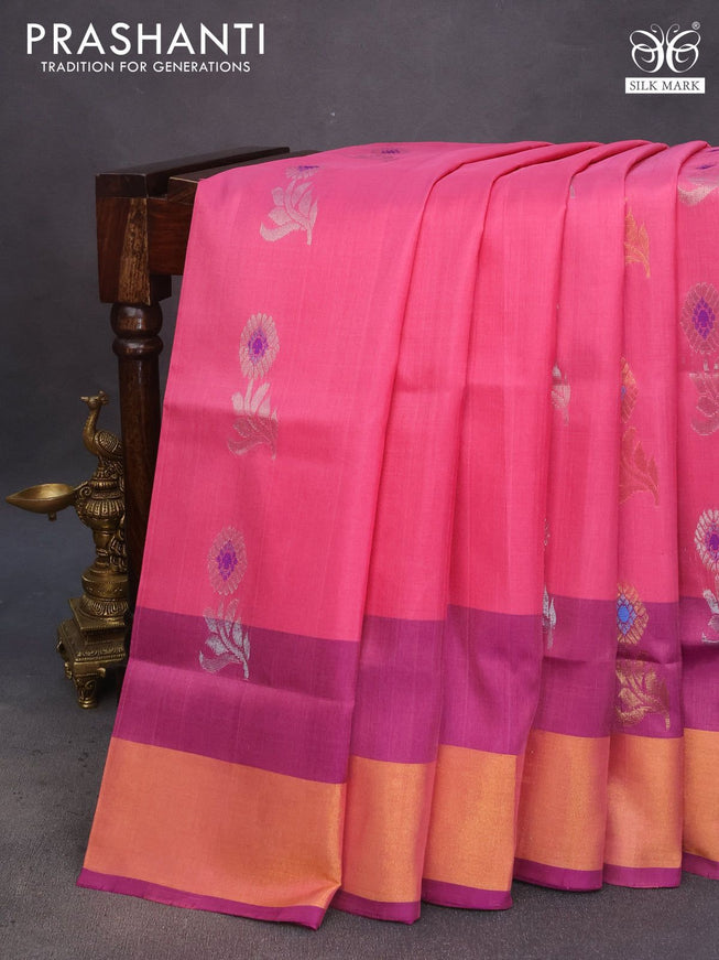 Pure uppada silk saree pink and purple with silver & gold zari woven buttas and zari woven border